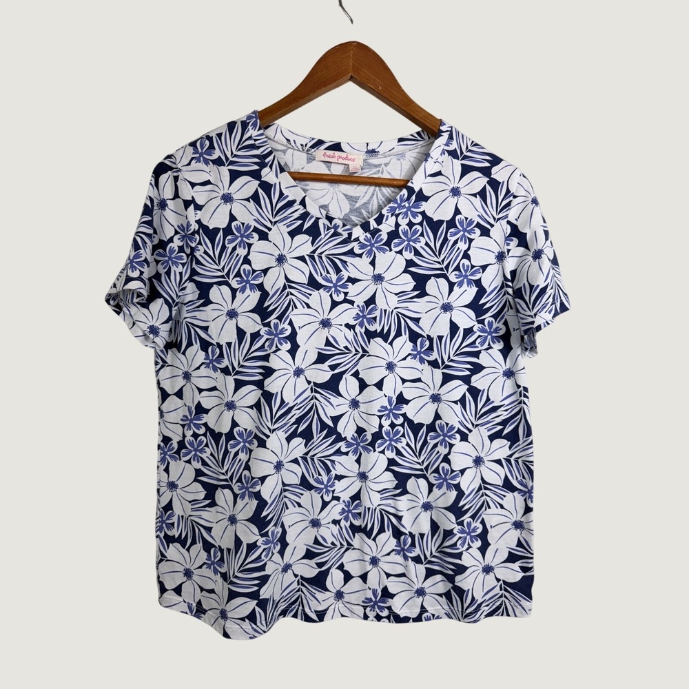 Fresh Produce Womens Blue White Tropical Floral V-Neck Short‎ Sleeve Tee Size M
